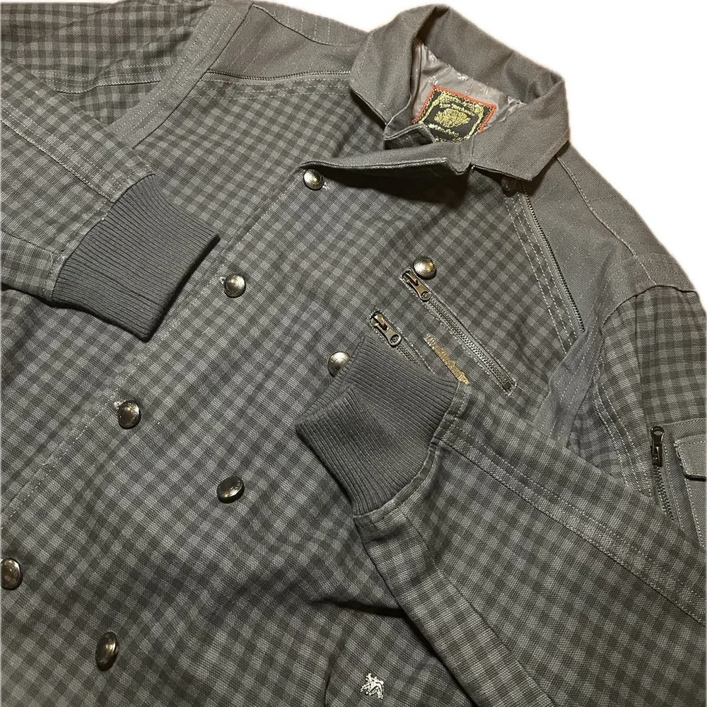 Live Mechanics Canvas Checked Plaid Gray Streetwear Moto Grunge Stud Coat 2XL
